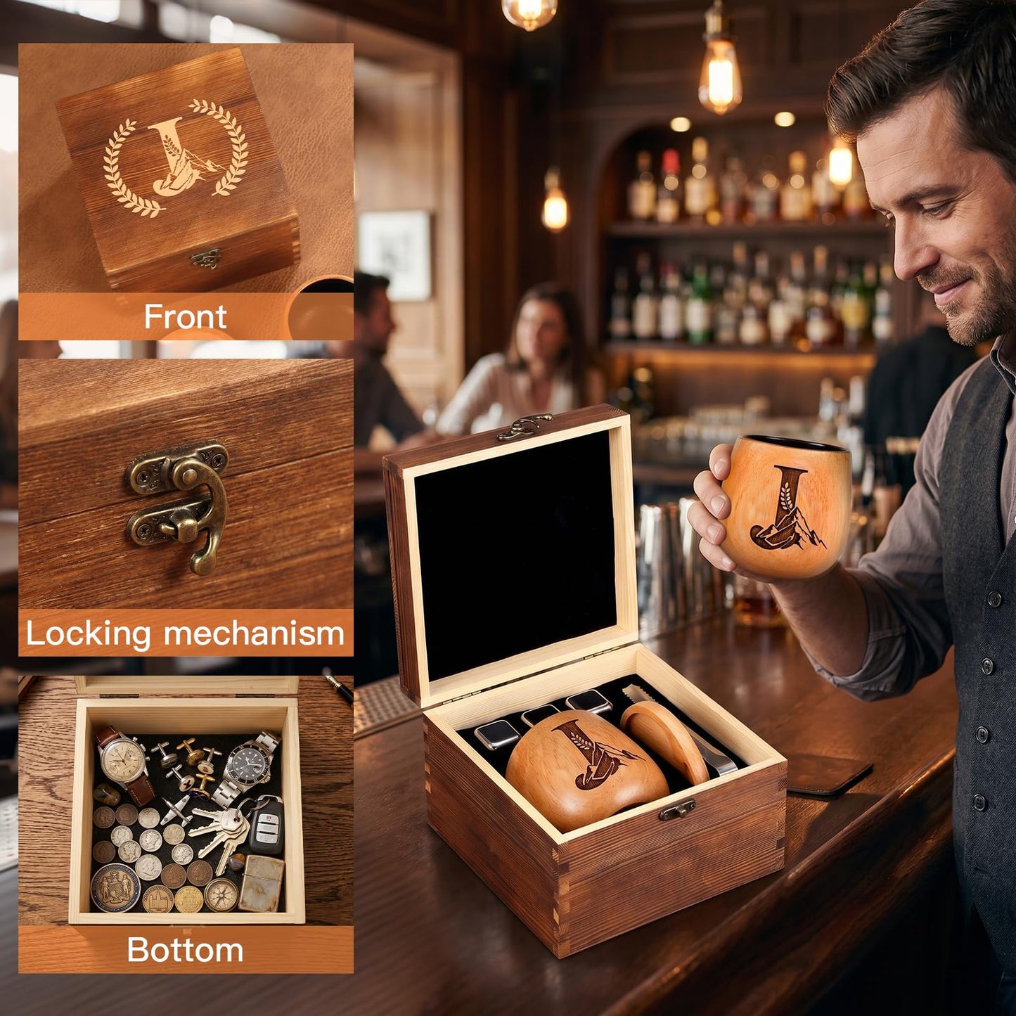 Personalized Gifts for Men, Charred Wooden Whiskey Glasses, Bourbon Old Fashioned Tumbler, Birthday Gifts for Men Dad Husband Brother Boyfriend, Unique Drinking Glass Gifts for Whiskey Lovers (J)