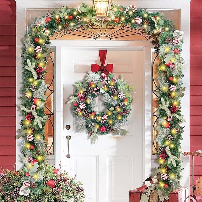 WANNA-CUL Pre-Lit 24 Inch Lighted Christmas Wreath for Front Door Red White Christmas Door Wreath Decoration with Ball Ornaments, Candy Canes,Eucalyptus Leaves, Battery Operated 30 LED Lights