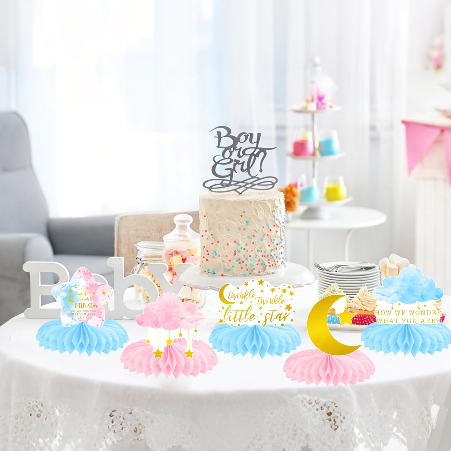 Twinkle Twinkle Little Star Gender Reveal Party Supplies Little Star Baby Shower Honeycomb Centerpieces 12PCS Pink and Blue Table Decorations Moon Cloud Centerpieces for Girls or Boys Birthday Decor