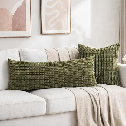 Fancy Homi 1 Pack Moss Green Long Lumbar Body Decorative Throw Pillow Covers 14x36 Inch for Bed Couch Bedroom Bench, Soft Corduroy Rectangle Solid Pillow Case 35x91 cm, Rustic Farmhouse Boho Decor