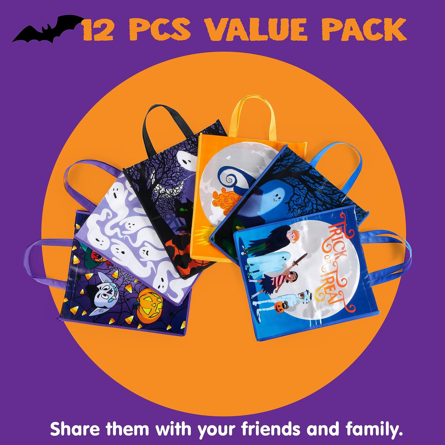 JOYIN 12PCS Halloween Large Treat Goody Tote Bags, 17” x 15” Halloween Candy Gift Bags Bulk, Goodie Snack Baggies for Kids Trick or Treating, School Classroom Gifts, Party Favor Supplies in 6 Designs