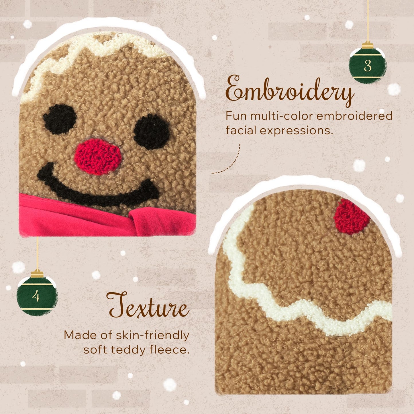 Phantoscope Gingerbread Merry Christmas Throw Pillow, Plush Teddy Xmas Gingerbread Shaped Pillows with Chef Hat & Scarf, Christmas Decorative Pillow for Couch Living Room Bed, Beige, 20 x 13.5 inches
