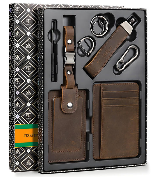 Teskyer Leather Gifts for Men, Premium Leather Gift Set with Slim Wallet, Travel Luggage Tag & Car Keychain, Elegant Gift Box for Father's Day, Birthday, Anniversary, Retirement & Graduation - Coffee