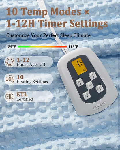 CAROMIO Heated Blanket Full Size, Waffle Weave Electric Blanket Throw with LCD Controller, Fast Heating, 10 Heat Levels & 1-12H Time Settings, ETL Certified, Machine Washable, Light Blue, 72" x 84"