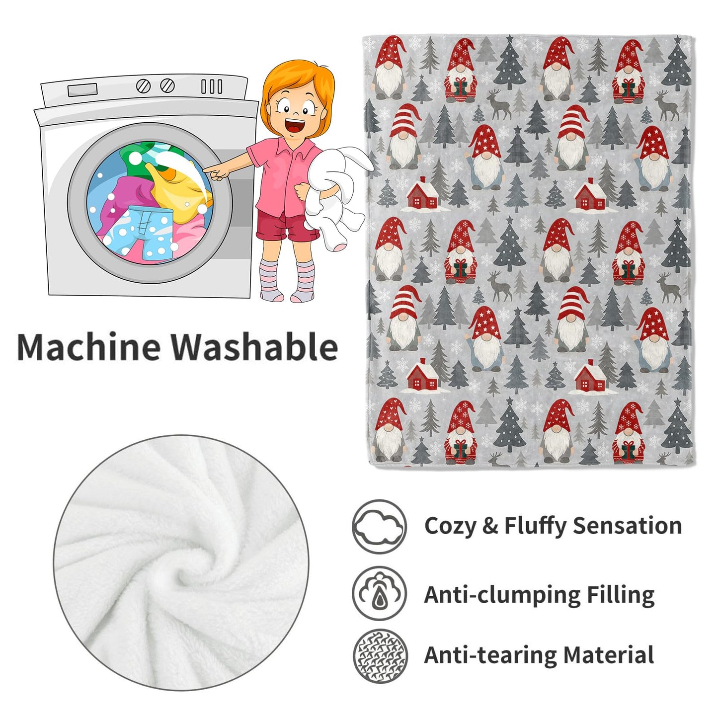 VODRM Gnome Blanket Christmas Nordic Holiday Decor Cute Xmas Throw Gifts for Kids Adults Lightweight Fleece Red Hat Cabin Snowy Tree Reindeer Blankets for Festive Winter Decoration 60x80in