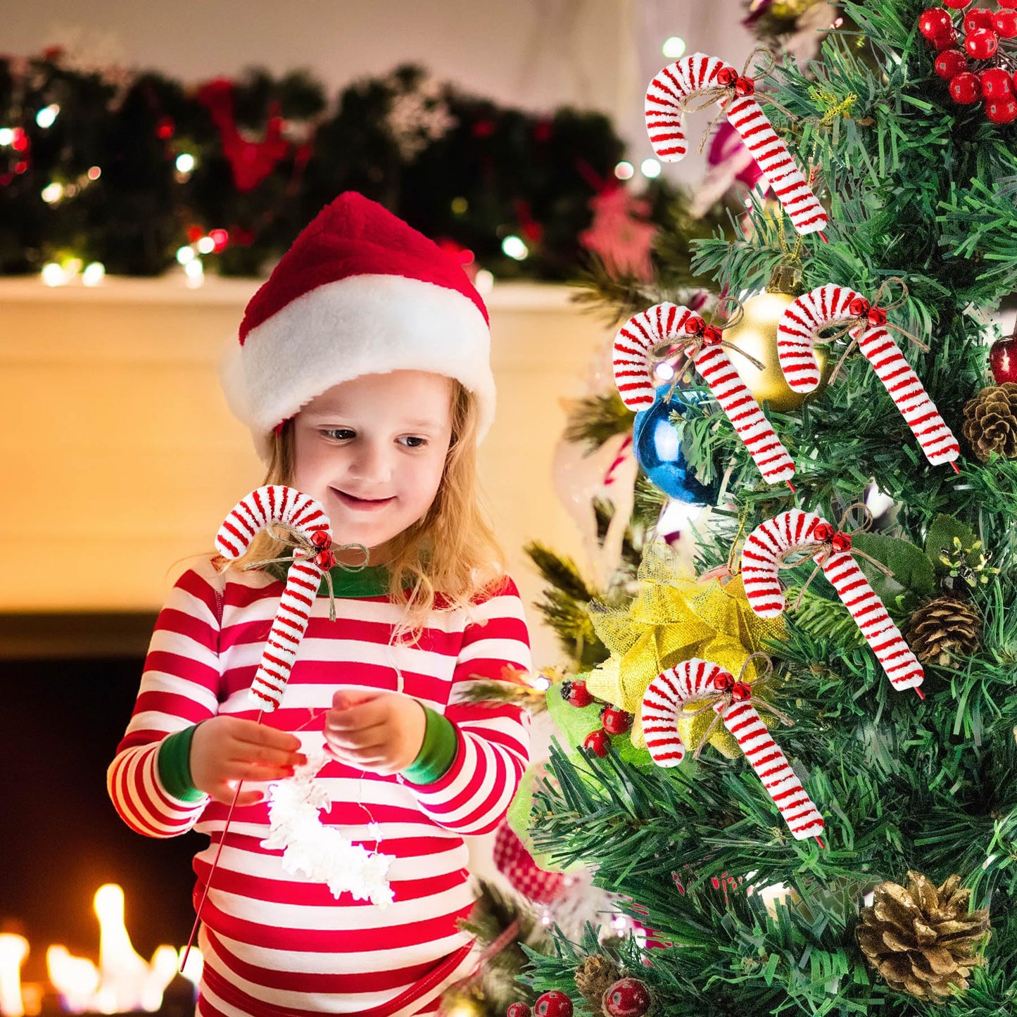 ZHANYIGY 6Pcs Christmas Tree Decorations Picks，Red White Woolen Candy Picks 14 Inch Xmas Tree Topper Ornaments for Christmas Wreath DIY Craft Home Vase Filler Party Supplies