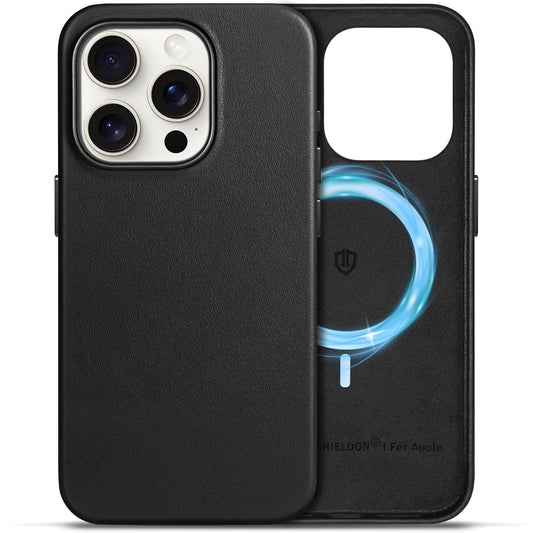 SHIELDON Genuine Leather Case for iPhone 15 Pro 6.1", Magnetic Wireless Charging - Slim Fit - Non-Slip - Metal Buttons - Shockproof Protective Phone Case Compatible with iPhone 15 Pro 2023 - Black