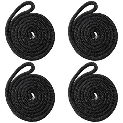 HOKINETY Boat Dock Fender Lines - 1/2" x 10ft Marine Rope with Pre-Spliced 6" Loop Double Braided Nylon Ropes Bumper Tie Mooring Line for Boats Docking Pontoon Boating Accessories - 4 Pack Black