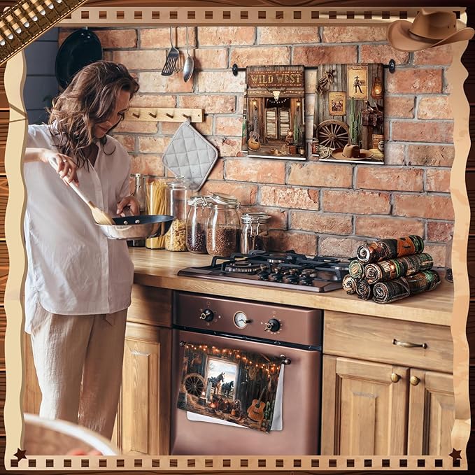Breling 6 Pcs Western Cowboy Scene Kitchen Towel Wooden House Barn Vintage