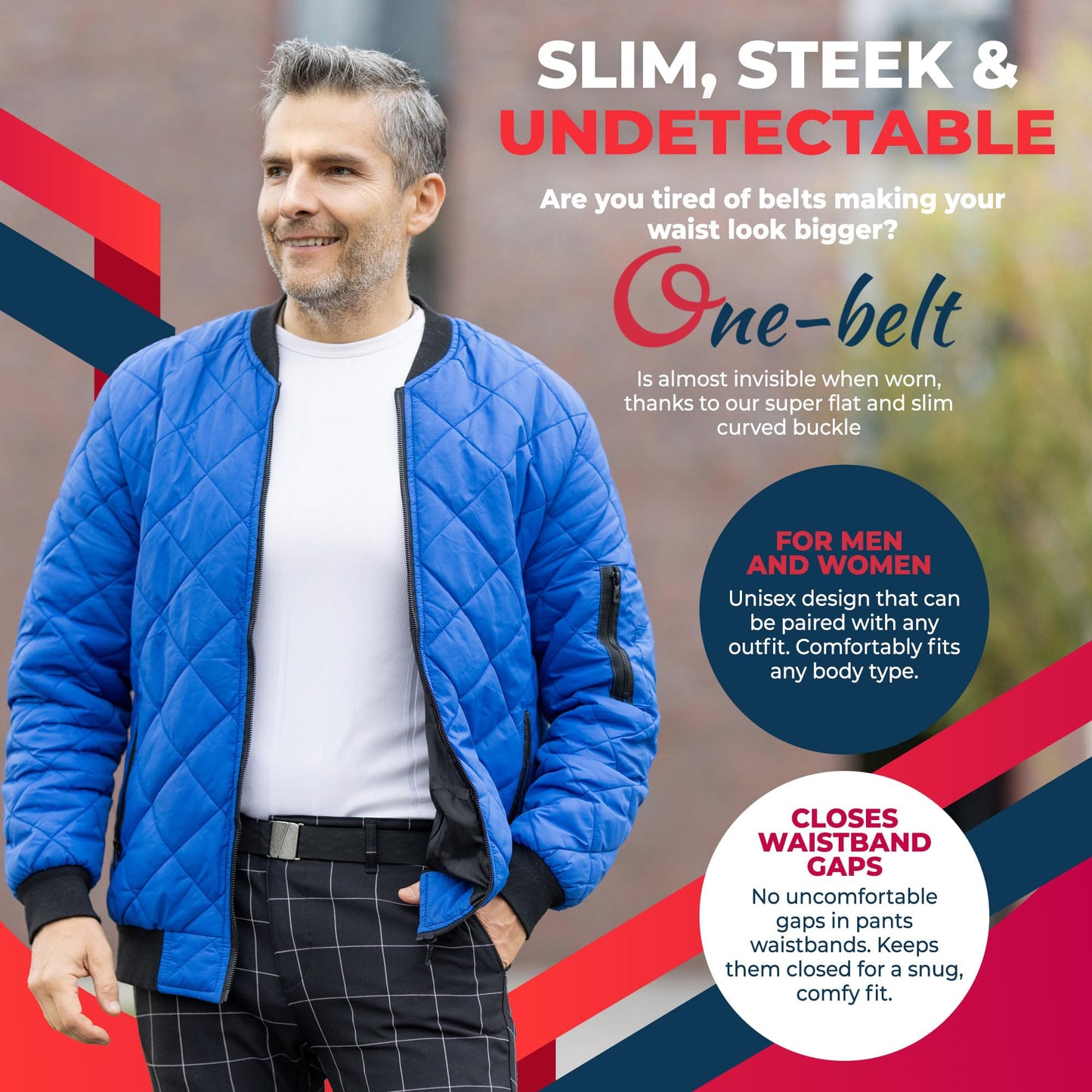ONE-BELT No Show Invisible Elastic Belts for Women & Men 1.30" adjustable Non Slip No Buckle Bulge, Designed in USA.