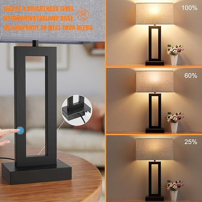 22" Tall Modern Living Room Lamps - Touch Bedside Lamps with USB C+A, 3 Way Dimmable for End Tables - Set of 2 (Grey & Black)