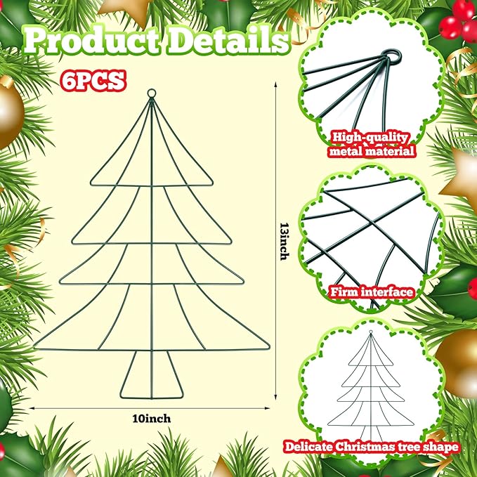 6 Pcs 13 Inch Christmas Wreath Christmas Tree Wire Wreath Metal Frame Xmas Garland DIY Craft for Holiday Wall Porch Home Decoration Front Door Chair Fireplace Hanging Decor Xmas Tree