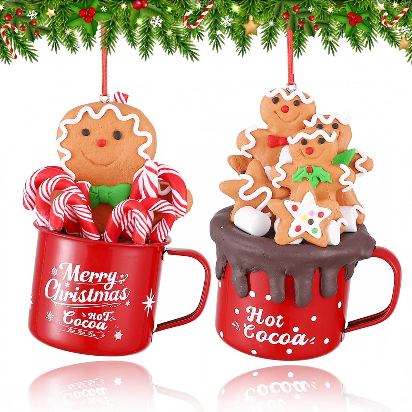 Cute Christmas Gingerbread Hanging Ornaments,2Pcs Mini Red Hot Cocoa Mugs with Handmade Clay Gingerbread Man Cookies,Chocolate,Marshmallows,Candy Canes for Winter Holiday Party Xmas Tree Decorations