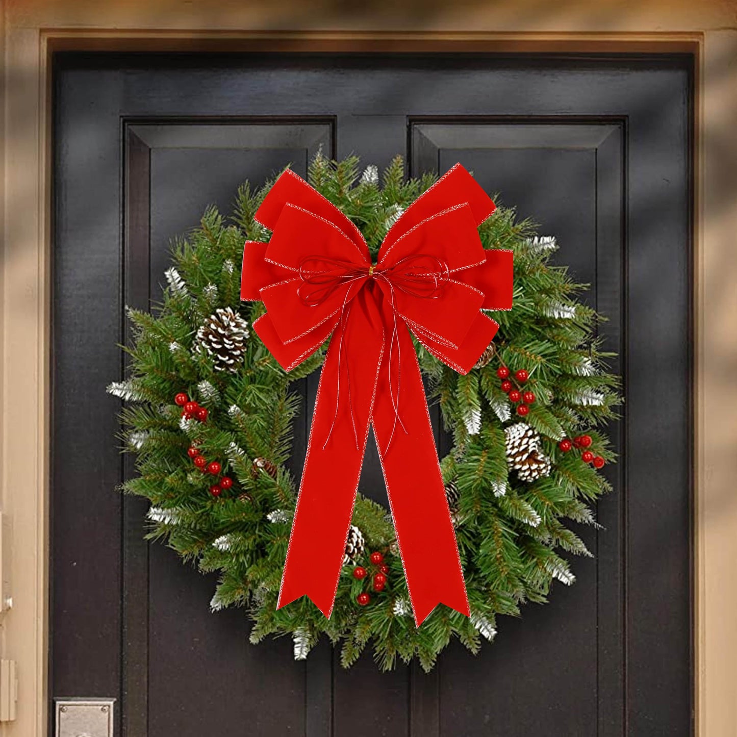 2 Pack Red Christmas Bows Outdoor Decorations,12”x20” Large Velvet Wreath Bow with Glitter String Gold Edge for Xmas Tree Topper Home Front Door Decor