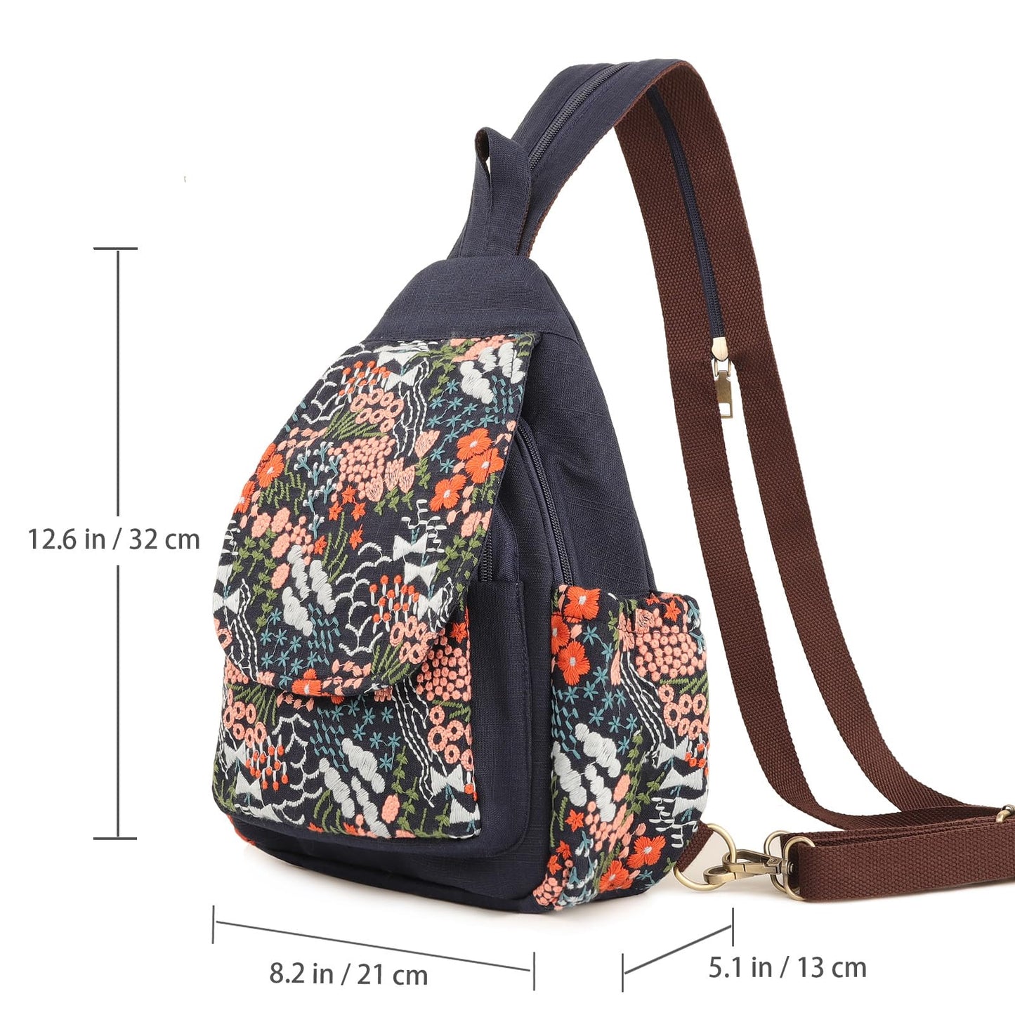 SILKAREA Canvas Sling Backpack Purse for Women Embroidered Flowers Travel Backpack Crossbody Bag Shoulder Bag (Embroidered B)