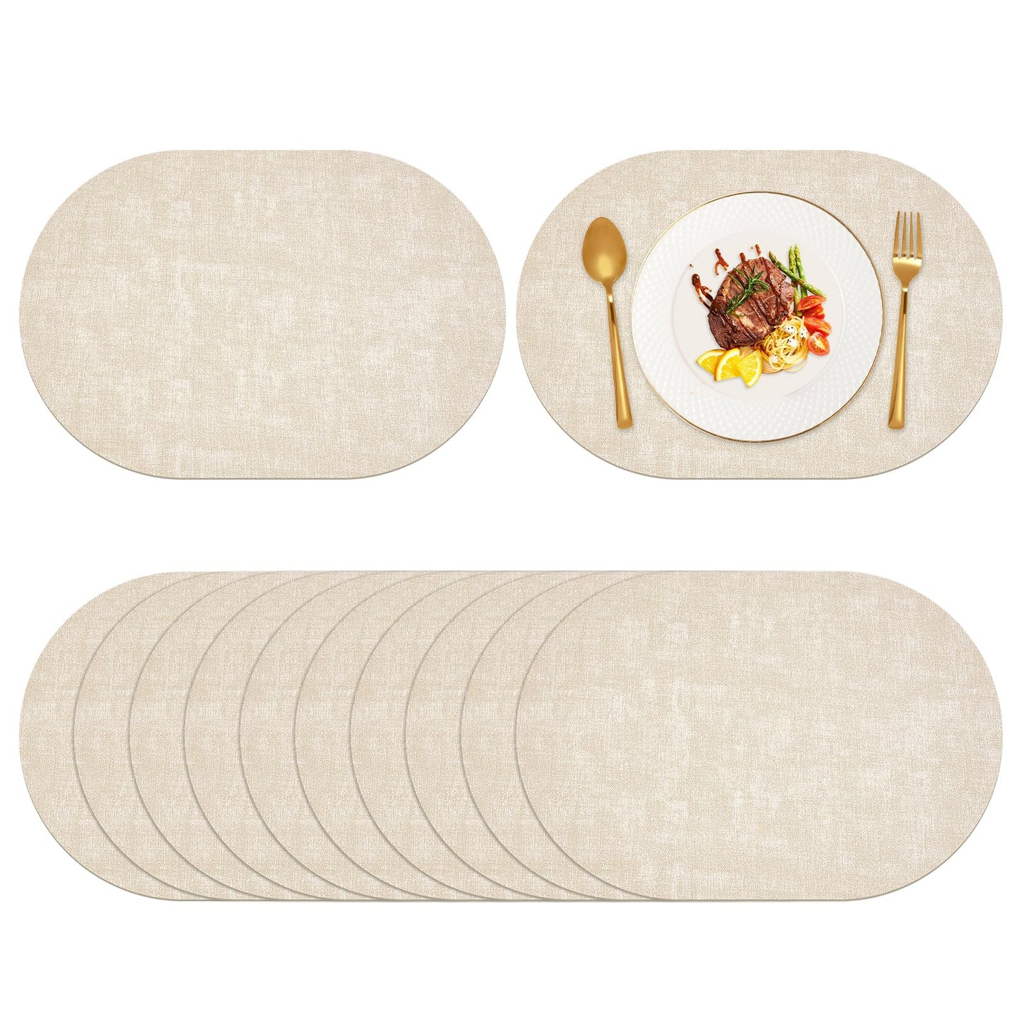 GLASSWINDS Oval Placemats Set of 12 - Washable & Heat Resistant Table Mats, Non-Slip Faux Leather Dining Decor, Waterproof Easy Clean Kitchen Place Mats for Room Coffee Office，Beige