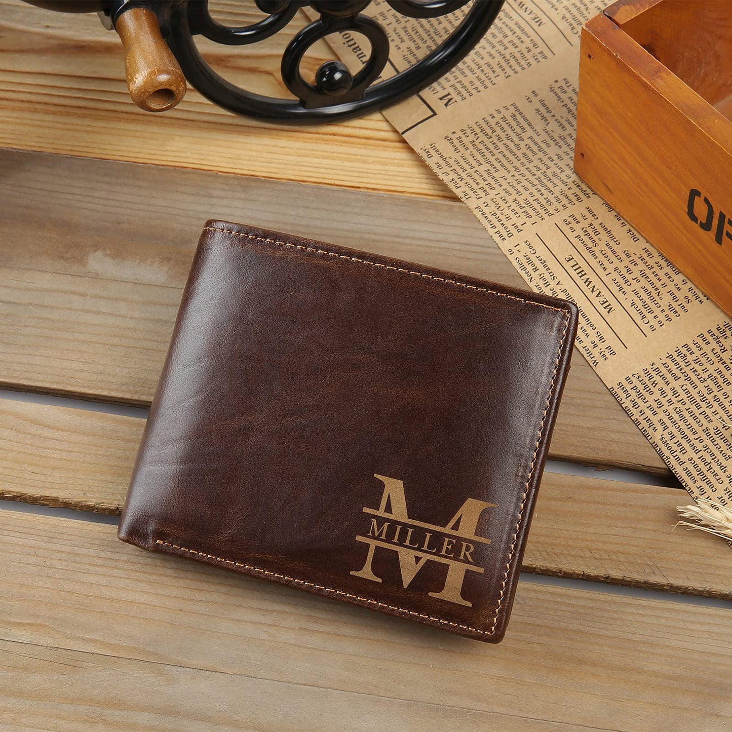 Glooraca Personalized Leather Wallet for Men, Custom Engraved Name & Initials Gift for Dad Father's Day, Genuine Leather RFID Blocking Bifold Thin Wallet (Color 1)