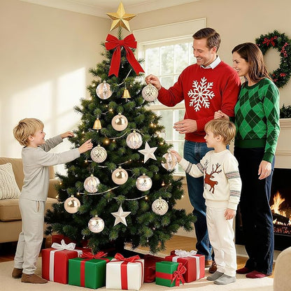 EveryMerry 12-Pack 3.15 Inch Christmas Ornaments Set - Champagne White Ornament Balls with 5 Various Designs with Strings, Sturdy, Kraft Box with Lid for Xmas Tree, Holiday Party & Home Decor