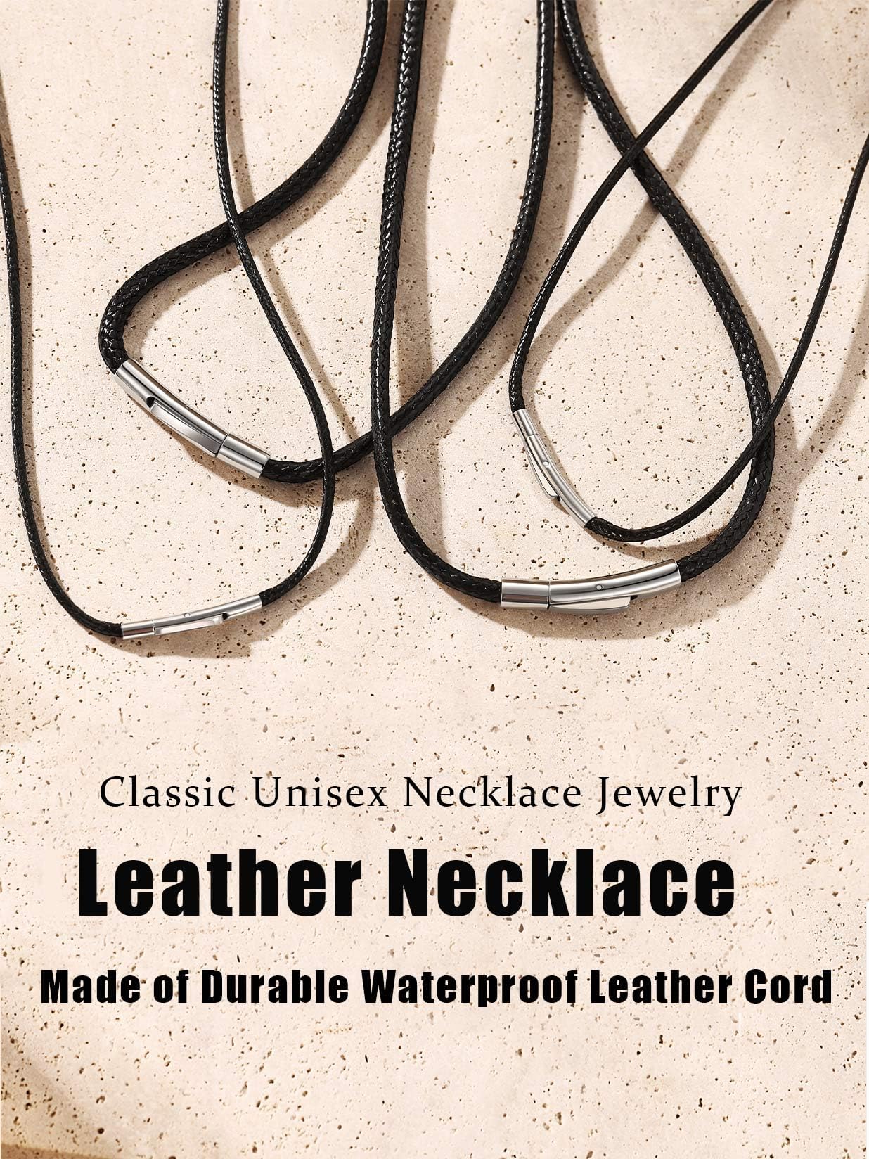 Bestyle 3MM Black Leather Necklace for Men Women,Waterproof Wax Woven Rope Chain with Stainless Steel Clasp, Leather Cord Necklace for Pendants 30"