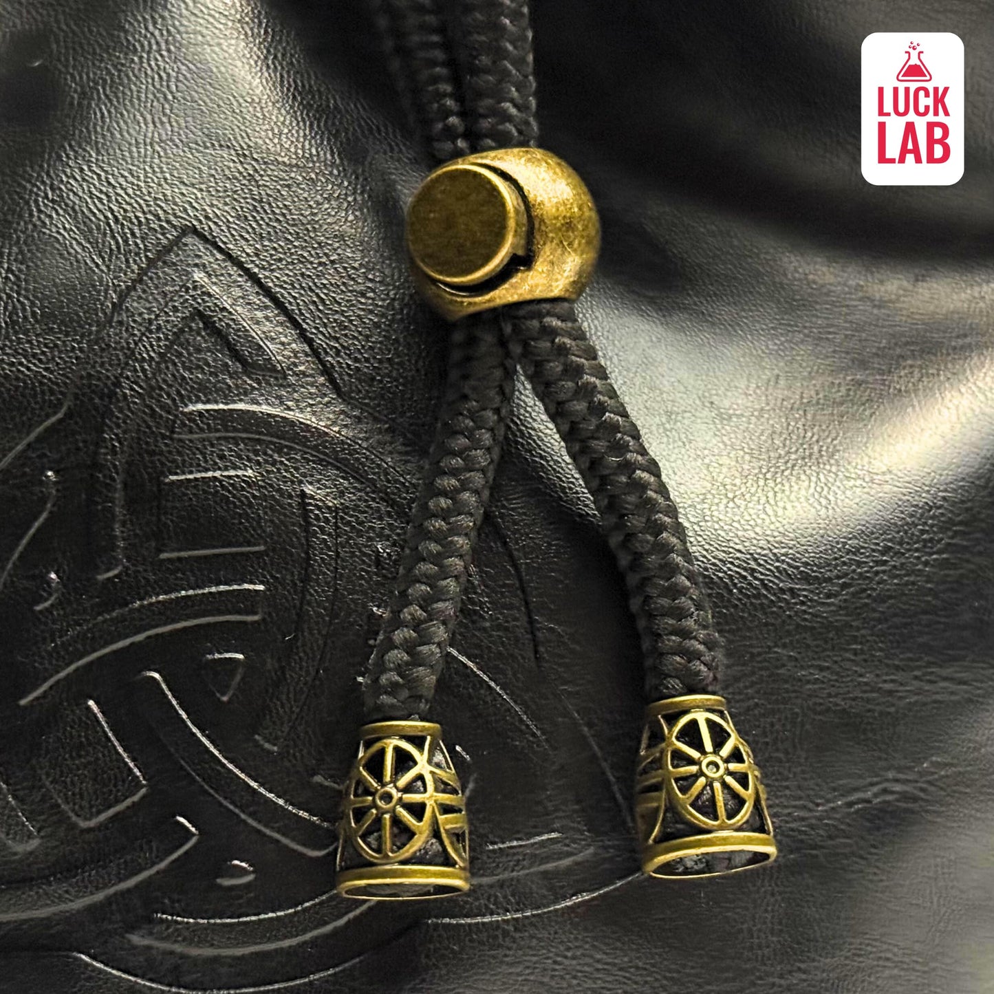 Luck Lab Dice Bag for DnD – Large Velvet-Lined PU Leather Dice Pouch w/ 4 Pockets, Embossed Design & Antique Gold Accents – Durable Dice Organizer for Tabletop RPGs & Game Accessories (Black)