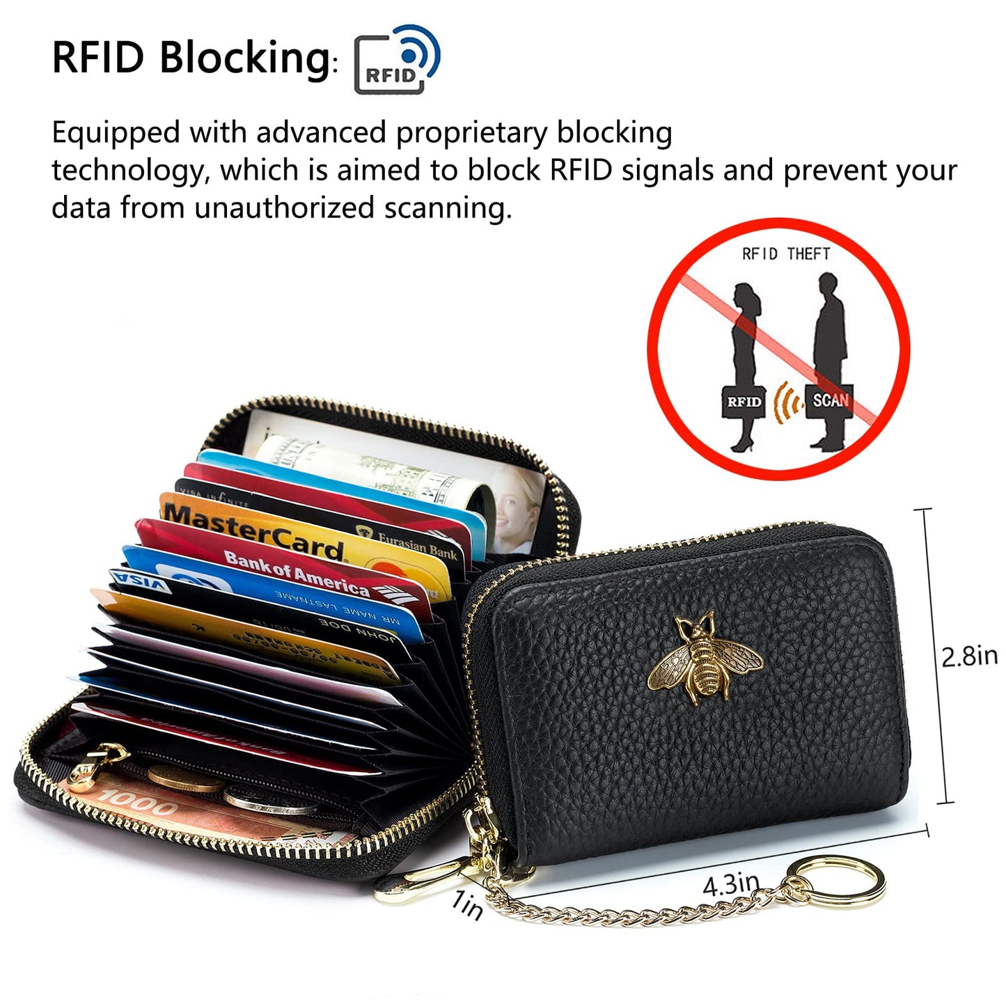 imeetu RFID Credit Card Holder, Small Leather Zipper Card Case Wallet with Keychain and ID Window for Women (Pro,Olive Green)