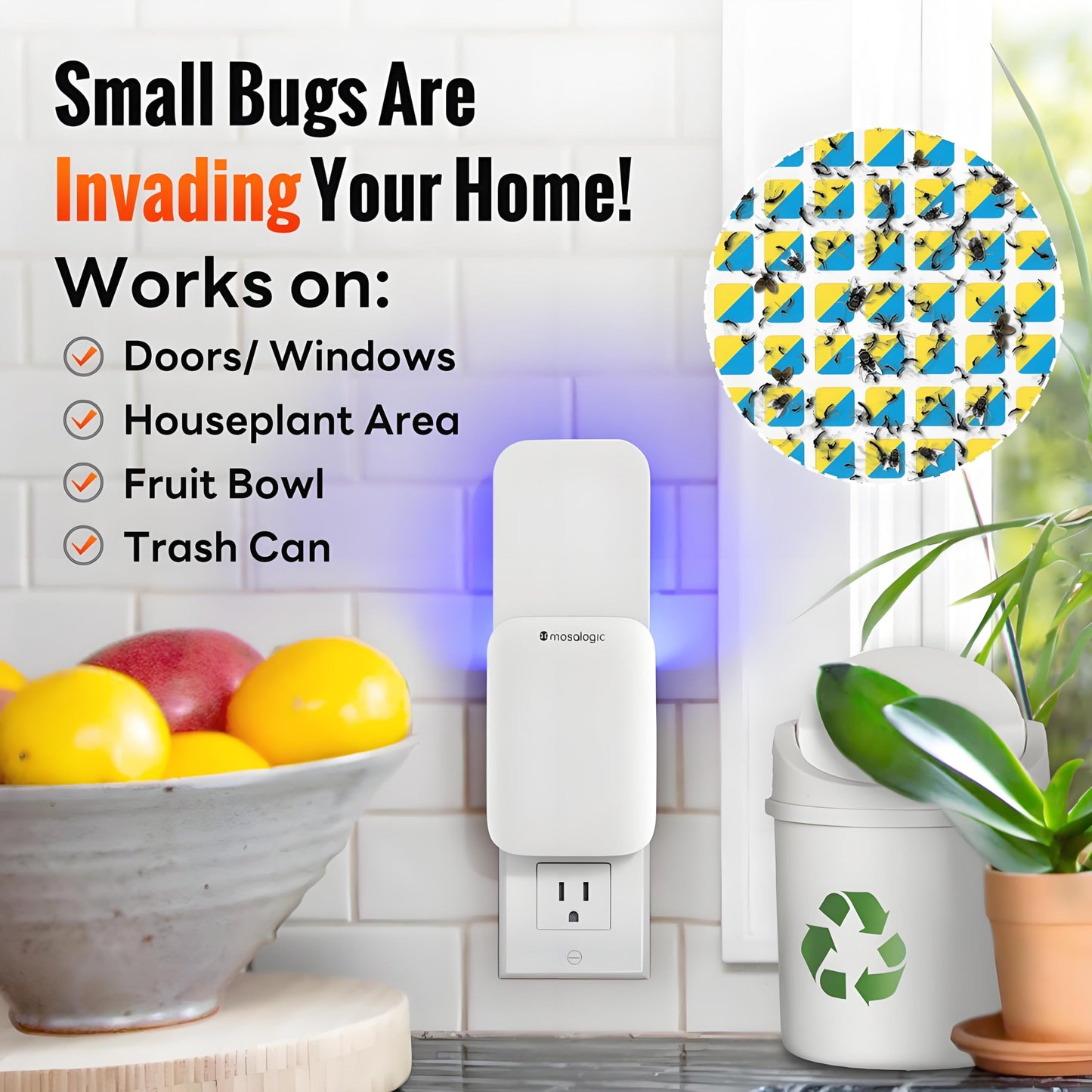 Mosalogic Fruit Fly Traps for Indoors Gnat Trap for House Indoor-600 Sqft Protection Area UV Fly Insect Trapper for Fruit Flies，Gnat，Mosquito，and Other Flying Insect Plug in Bug Killer White