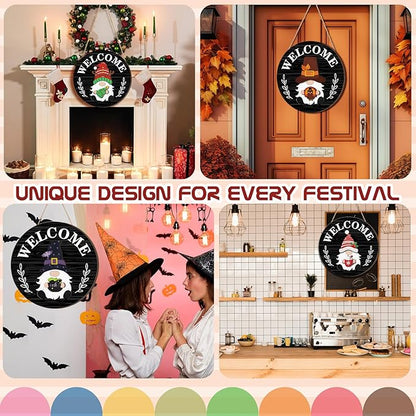 Qunclay Interchangeable Wooden Gnome Decor Holiday Seasonal Gnome Decorations with Magnet Pieces and Detachable Hats Changeable Welcome Sign for Home(Black Style)