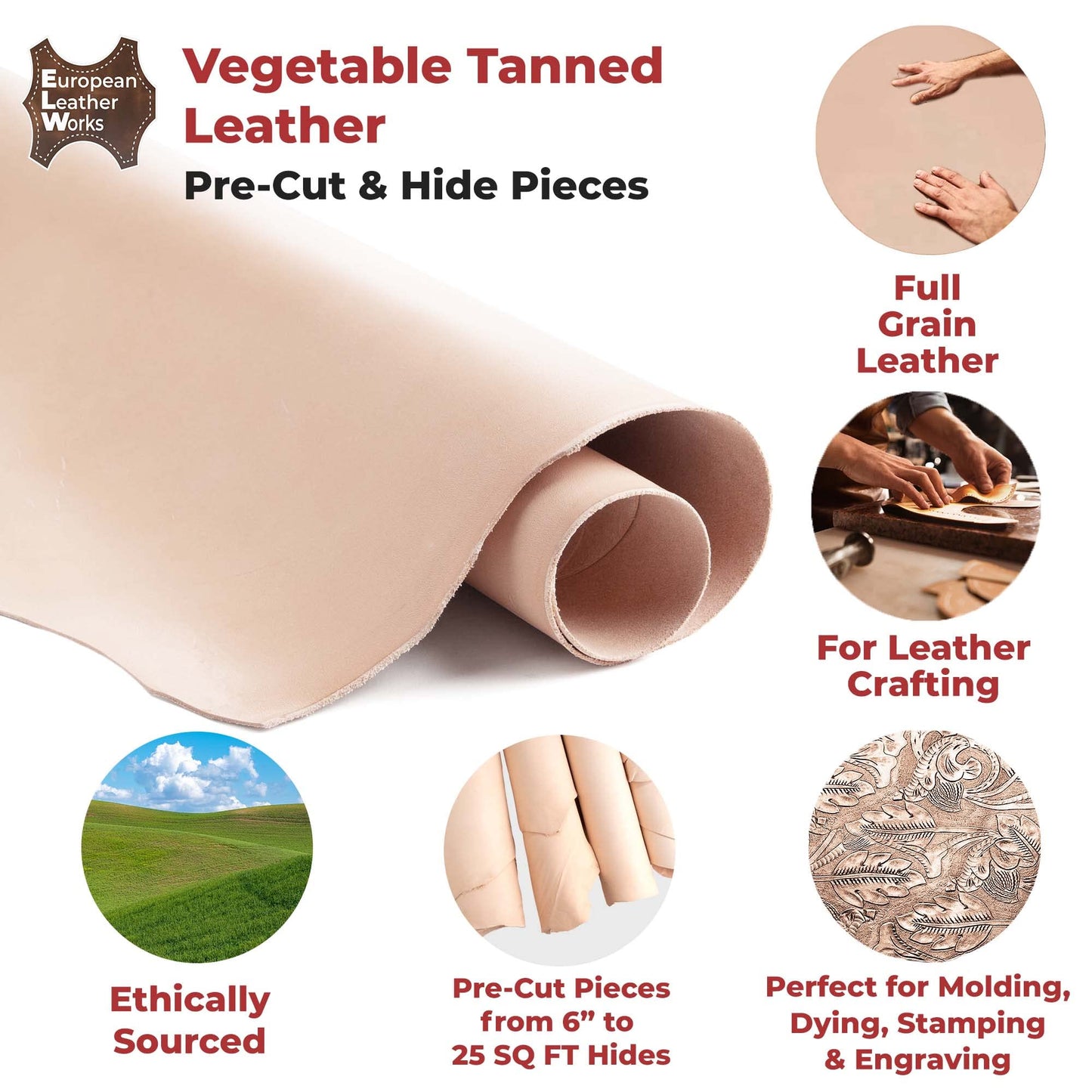 ELW 7-8 oz (2.8-3.2mm) Thickness Weight 10"x24" Vegetable Tanned Leather Cowhide Grade AB Full Grain Leather for Tooling, Carving, Engraving, Molding, Embossing, Stamping, & Dyeing