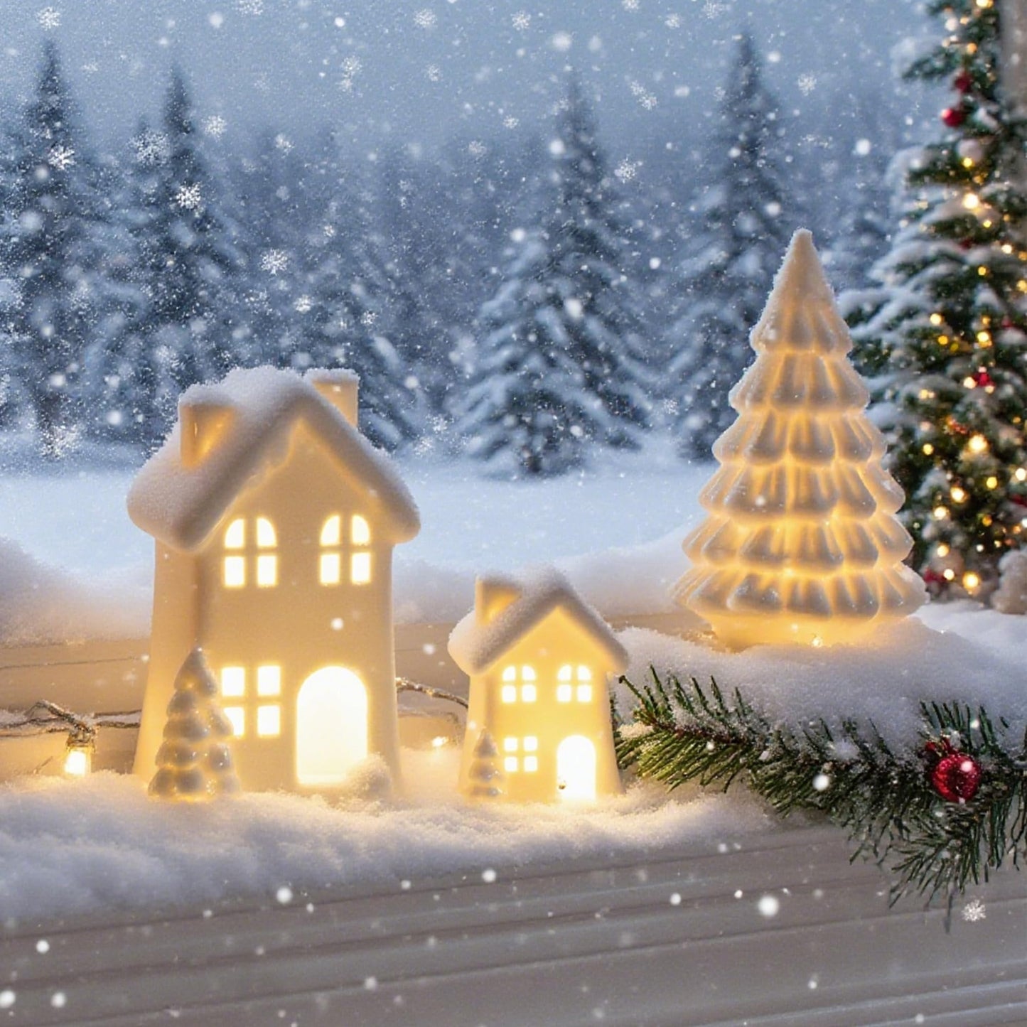 NEROSUN Ceramic Christmas Village Houses, 3Pcs LED Lighted Porcelain White Small House and Xmas Tree Tabletop Figurines, Light Up Christmas Decorations for Home Shelf Cabinet Table Winter Decor