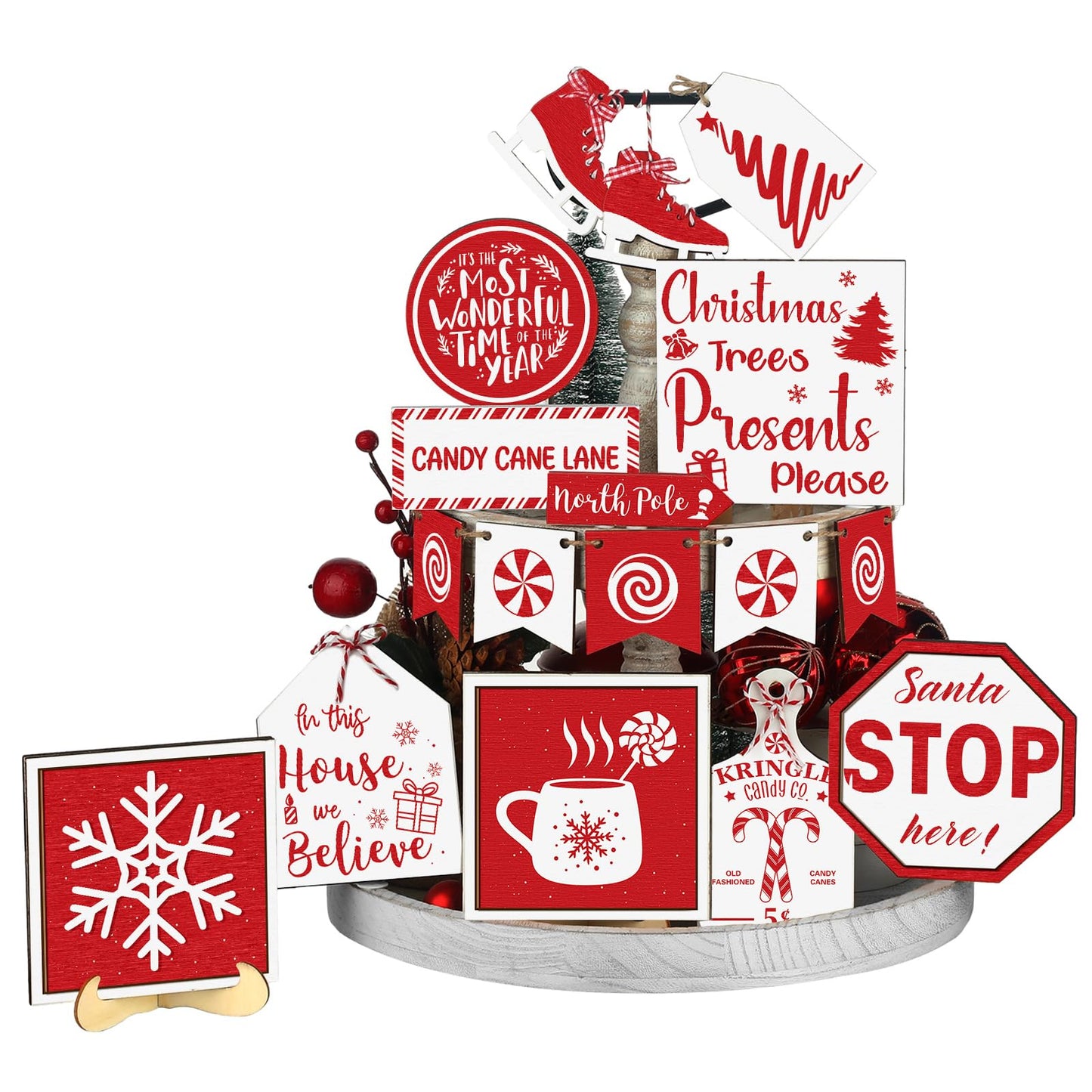 FairySandy 15 Pcs Christmas Tiered Tray Decor Rustic Christmas Decorations Candy Hot Cocoa Snowflake Wood Sign Xmas Tiered Tray Winter Farmhouse Rustic Table Decor for New Year Home Shelf Tabletop