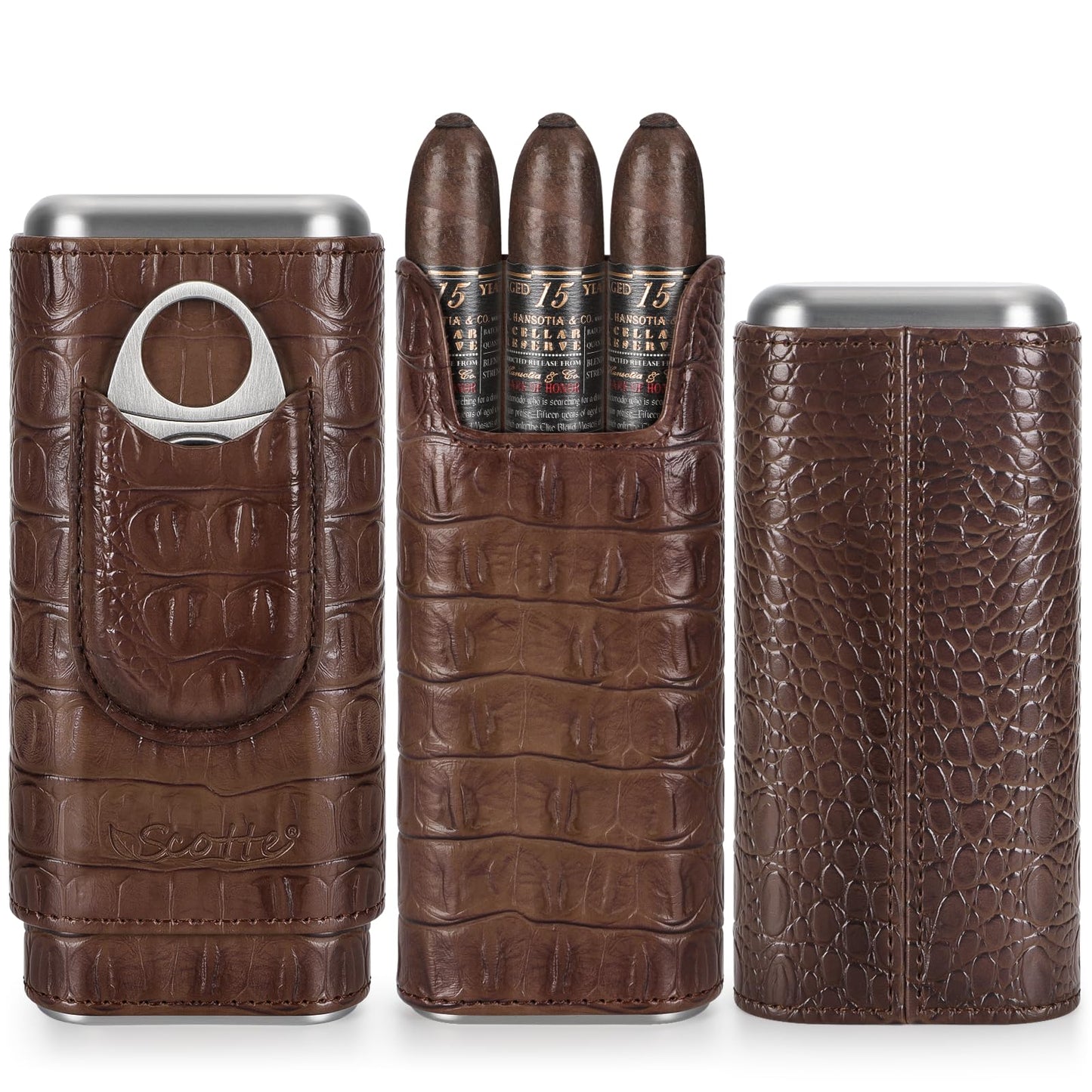 Scotte Cigar Case Leather Cigar Travel Case Cedar Wood Lined Portable Cigar Humidor Box with Cigar Cutter Elegant Cigar Box Great Cigar Accessories for Men