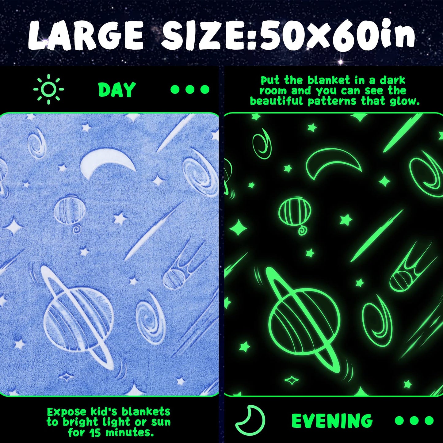 inhand Blue Space Toys Glow in the Dark Stars Blanket Birthday Gifts for Boys Cute Kids Blanket and Funny Space Planet Moon Galaxy Room Decor for Age 3 4 5 6 7 8 9 10 11 12 13 Year Old (50''x60''Blue)