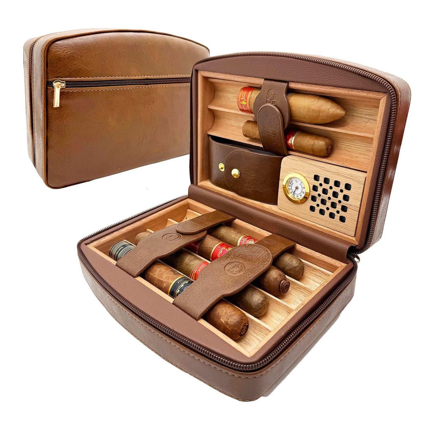 DGHOPE Cigar Humidor, Holds 6 Cigars (Max 7”/Ring 60), Spanish Cedar Lined, Hygrometer & Humidifier w/Dropper, 3-Pocket Storage, Gift (Brown)