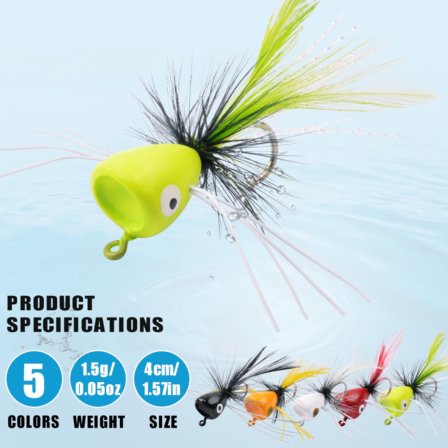 Fly Fishing Popper Lures Kit,Bass Poppers Flies Dry Fly Fishing Flies Panfish Bluegill Popper Bait Bug with Hooks for Freshwater