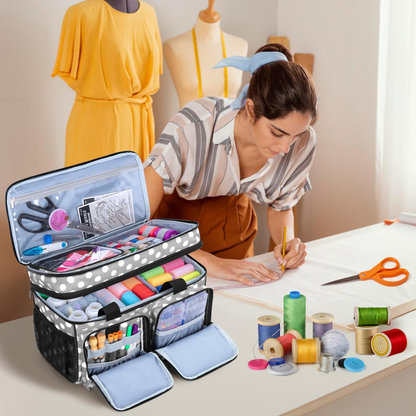 BAFASO Large Sewing Organizer Bag with an Individual Pouch and Detachable Dividers, 2 Layers Sewing Storage Bag for Sewing Supplies(Bag Only), Polka Dots