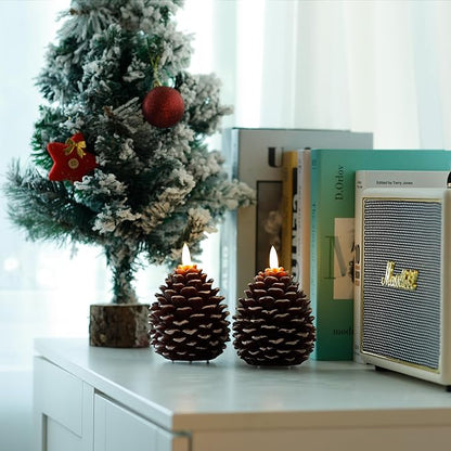 Christmas Flameless Pinecone Candles with Remote,Real Wax Battery Operated Candles, Flickering Led Pine Cone Candle for Xmas Holiday Winter Home Decoraction, 2 Pack