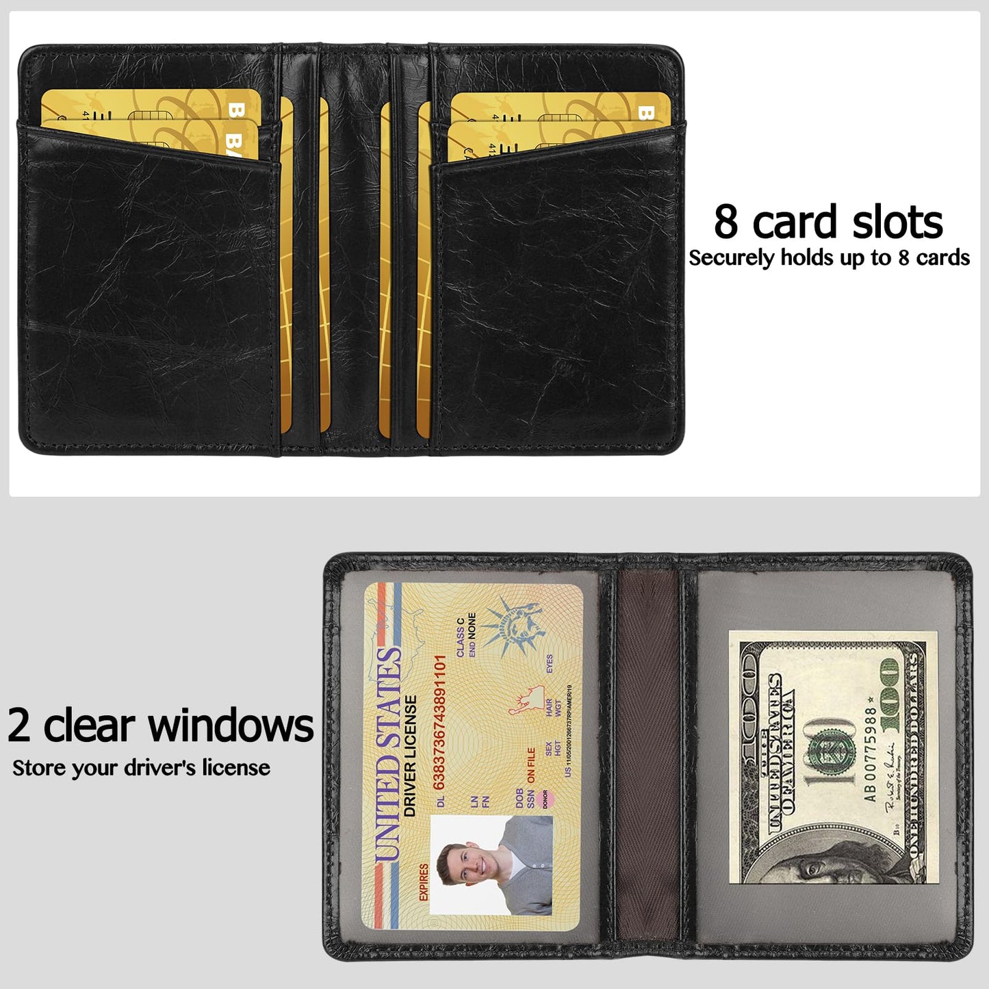 Unaone Slim Minimalist Wallet - Premium Leather Card Holder RFID Blocking Card Case with 8 Card Slots and 2 ID Window, Crackle Black