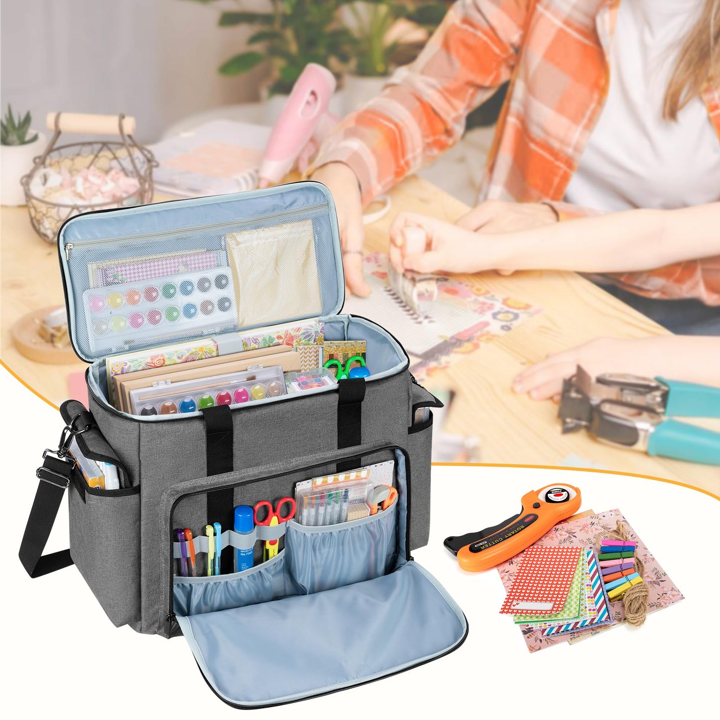 Trunab Large Scrapbook Bag with Padded Laptop Sleeve, Craft Bag Organizer Tote with Multiple Pockets for Scrapbooking Supplies and Art Tools, Grey
