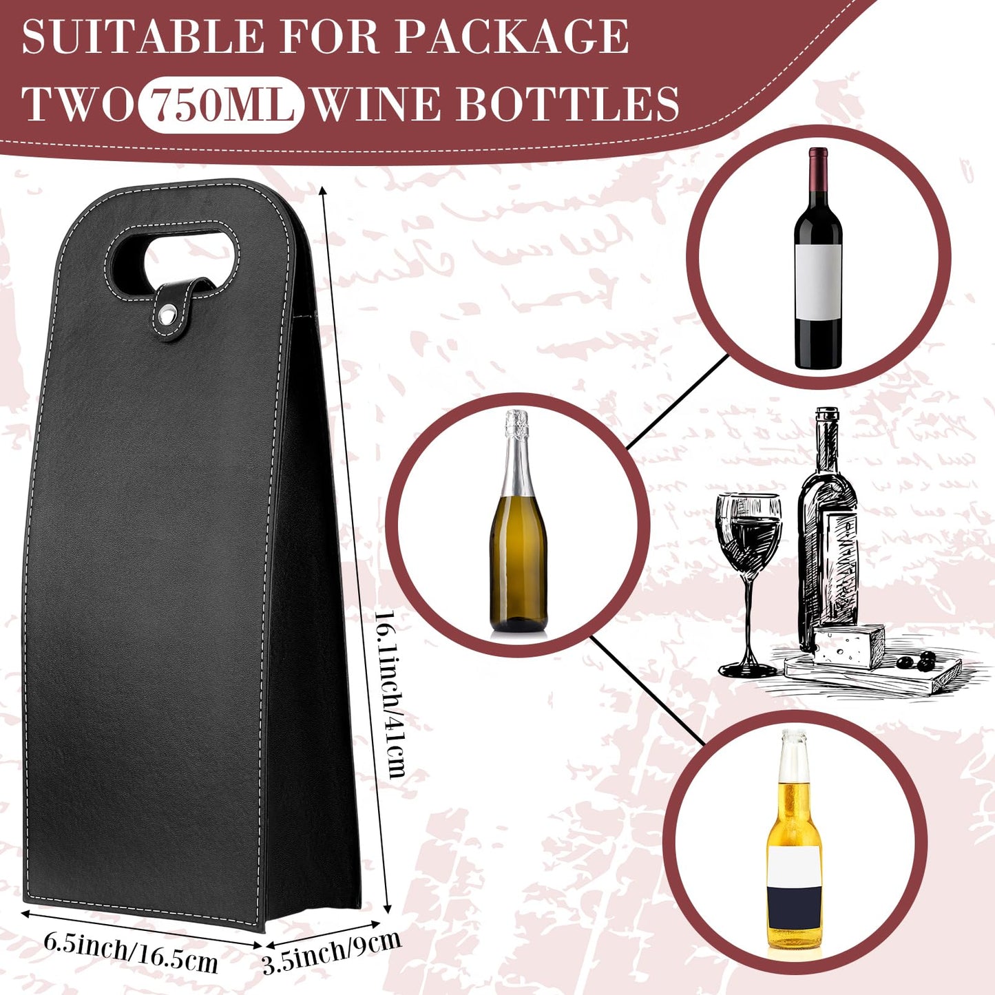FillTouch 6 Pcs Double Wine Bag Reusable Leather Wine Tote Carrier 2 Bottle Portable Gift Bags Champagne Beer Bags for Valentine Father's Day Thanksgiving Christmas Birthday Party(Black)