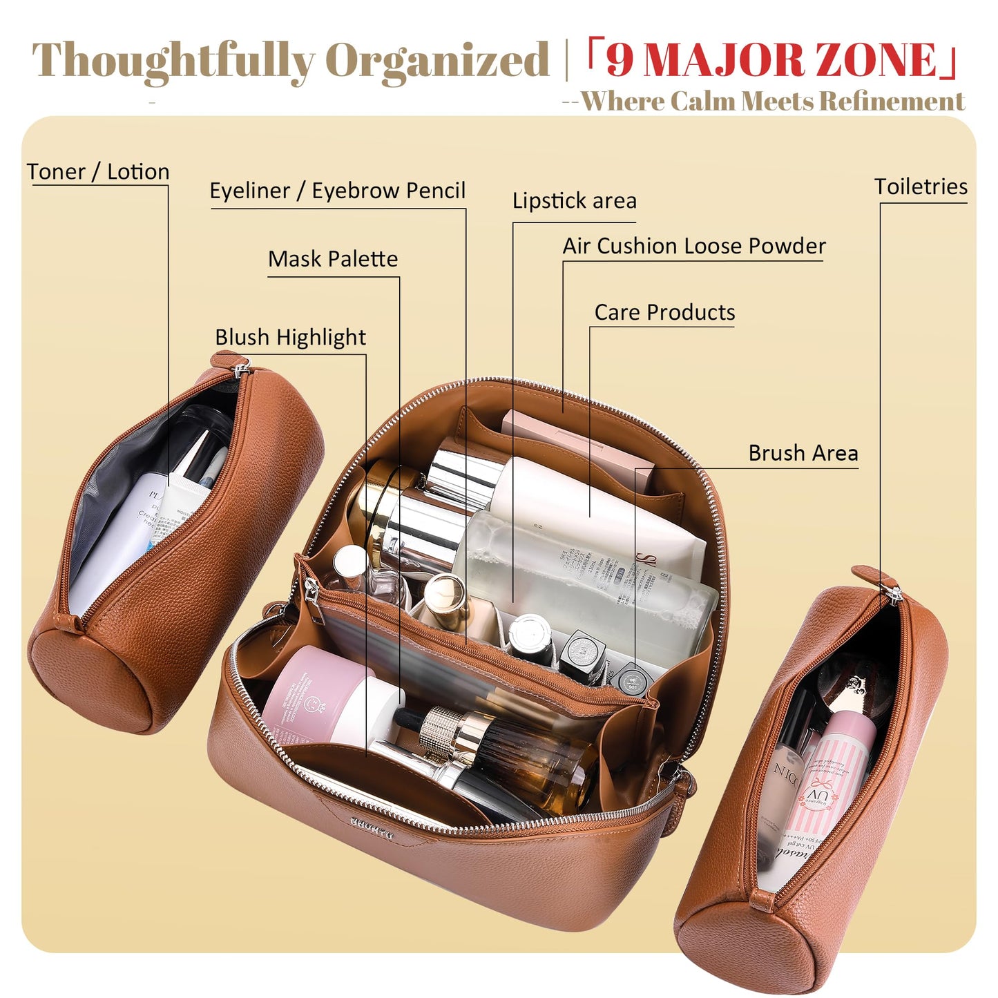 BOYATU Genuine Leather Travel Makeup Bag: Large Capacity 3 Pcs Set Cosmetic Bags for Women - Designer Waterproof Hand-made for Toiletry Organizer - Ladies Travel Essentials for Elegance (01Brown)