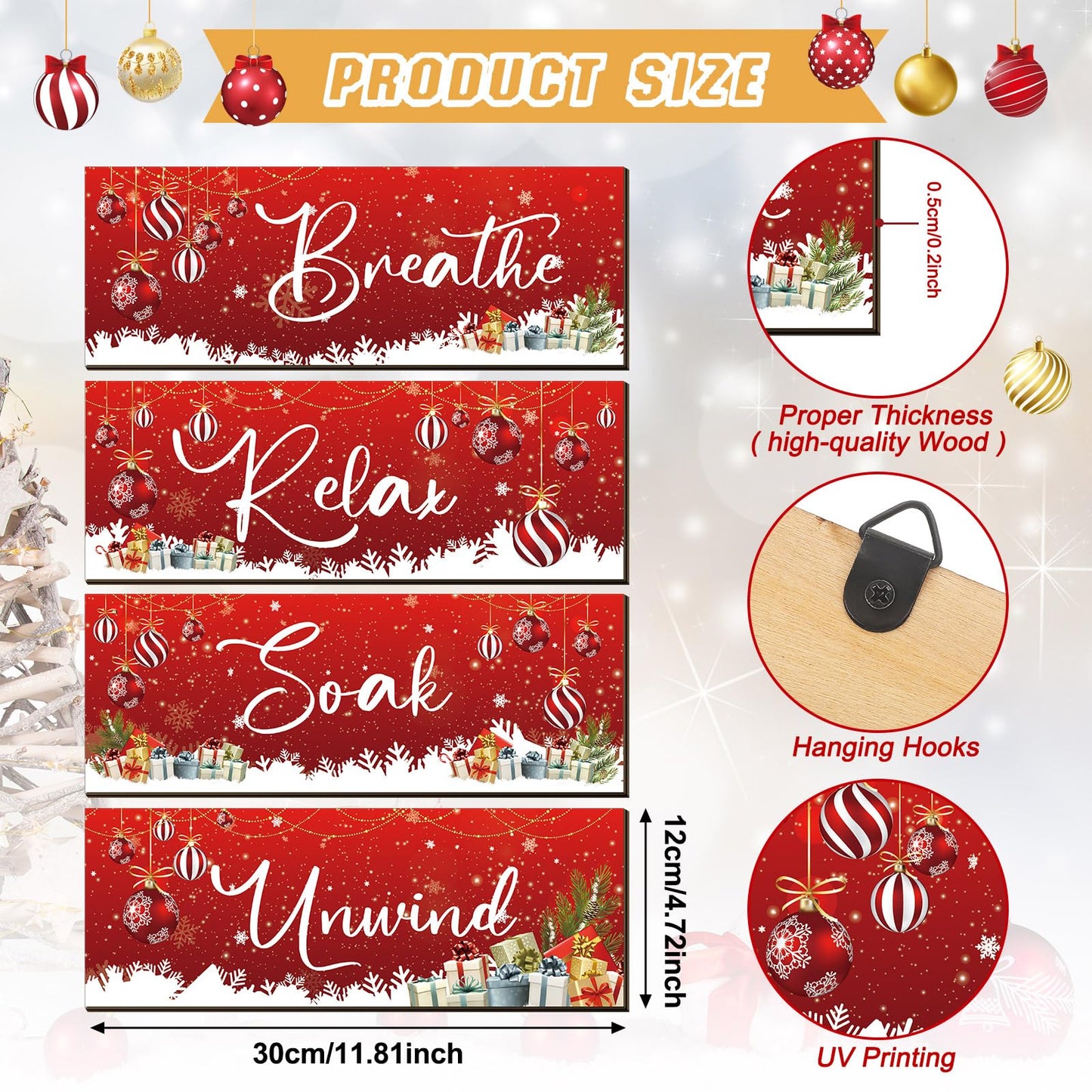 Huwena 4 Pcs Winter Bathroom Wall Decor Winter Wooden Decor Relax Soak Breathe Unwind Art Hanging Wall Pediments Rustic Xmas Wooden Sign for Xmas Home Living Room Laundry Spa(Ball)