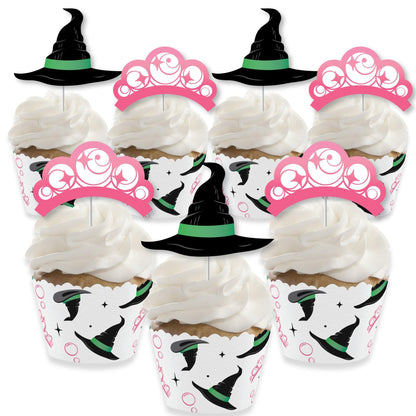 Big Dot of Happiness Witch Cupcake Decoration Kit, Good Pink and Green Birthday or Witch Halloween Party Cupcake Wrappers and Treat Picks - Set of 24