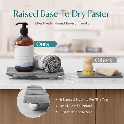 Water Absorbing Stone Tray for Sink, Diatomite Drying Stone for Kitchen Bathroom Counter, Decorative Raised-Feet Vanity Tray, Sink Caddy Organizer for Dish Soap & Sponge Holder [Grey, 12'' x 4'']