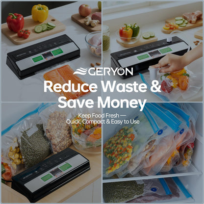 GERYON Vacuum Sealer Machine for Dry & Moist Food, Works with Reusable Vacuum Bags, Compact Design with LED Touch Controls, Includes Reusable Bags & Roll for Sous Vide & Freezer Storage
