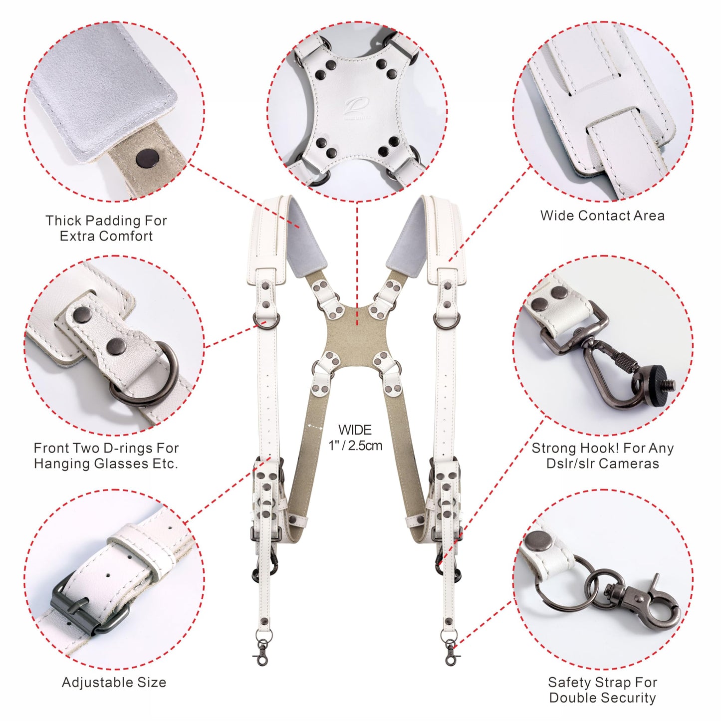 Padwa Lifestyle White Dual Camera Harness Strap for Two Cameras - Dual Shoulder Full Grain Leather Harness,Multi Double Camera Gear with Thick Padded,Double Camera Harness for Photographers