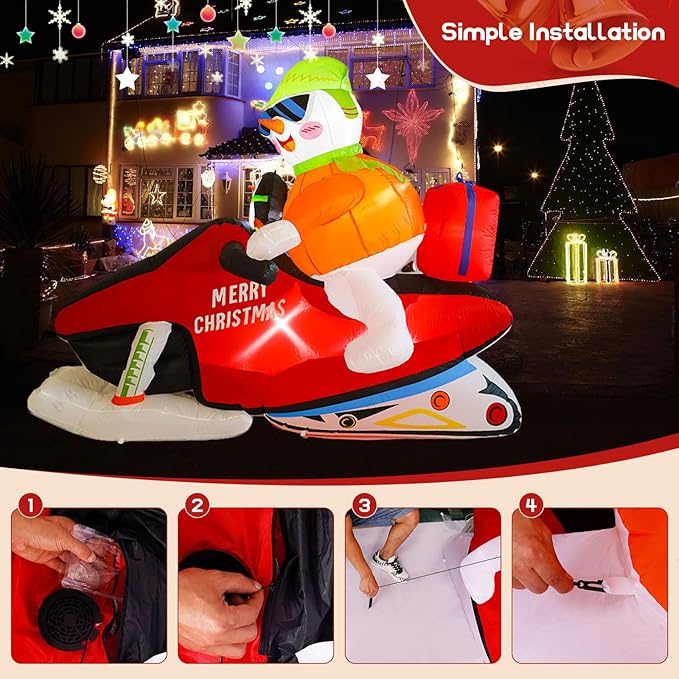 7FT Christmas Inflatable Snowman Motorcycle Decoration, Multi-color, LED Light, Weather Resistant