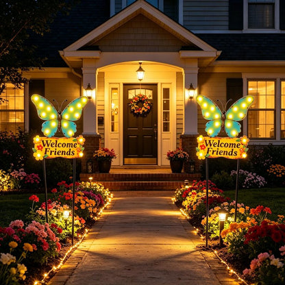 Decorative Garden Stakes Large 45" with 18 Bulbs Solar String Lights Outdoor Waterproof, Butterfly Solar Lights for Outside with Welcome Friends Garden Sign for Yard, Patio, Pathway