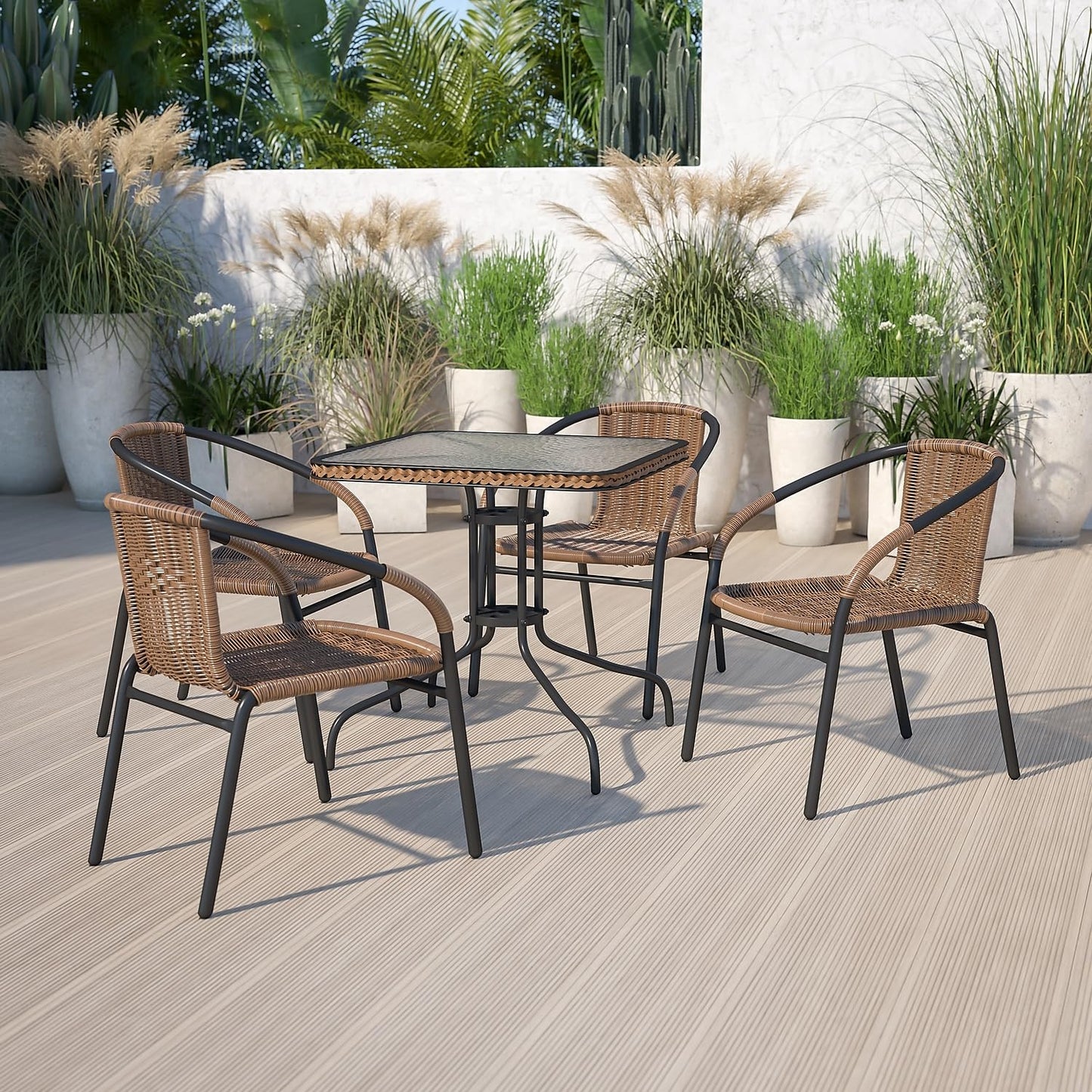 Flash Furniture Barker 28'' Square Tempered Glass Metal Table with Dark Brown Rattan Edging