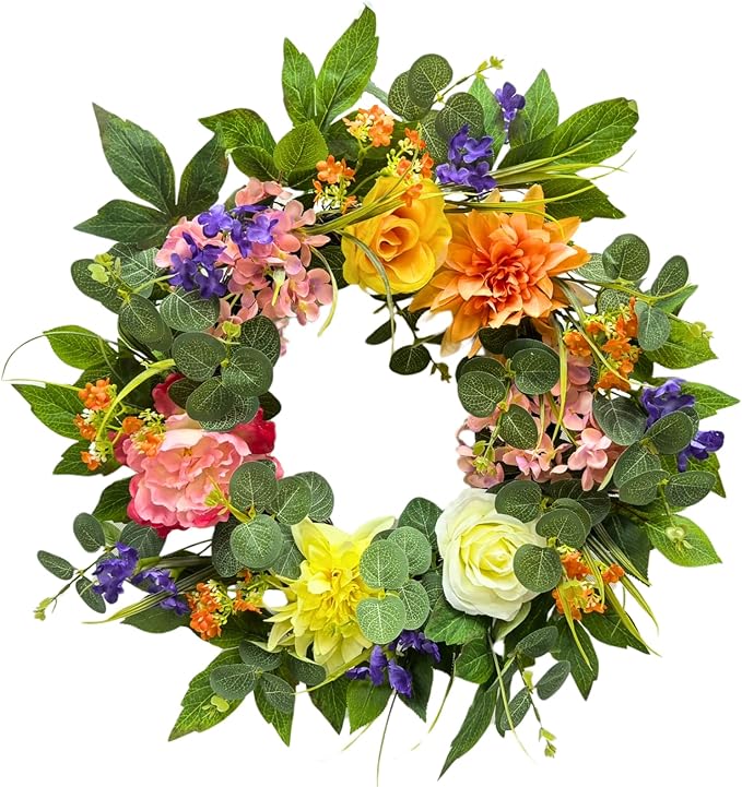 22 Inch Lighted Spring Summer Wreath for Front Door,Dahlia Pinnata, Roses, Eucalyptus Leaves, Peony, Mixed Flowers,Artificial Wreath for Front Door Spring Outdoor Home Decor Easter Decor