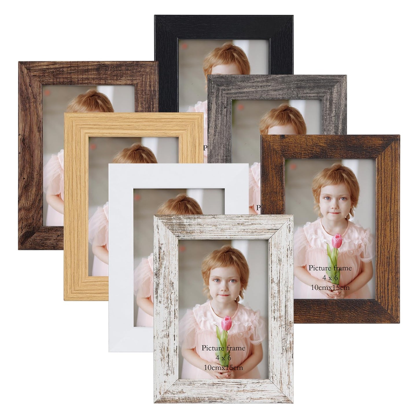 PETAFLOP 4x6 Frame Set of 7, 4x6 Picture Frame in Multi Colors, Rustic Wooden Frames for Tabletop and Wall Mounting Display
